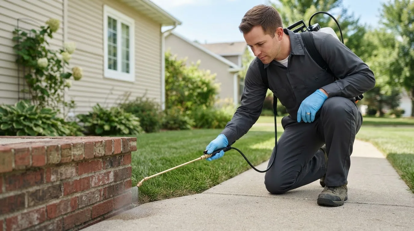 Pest control technician treating a home near Levant, ME